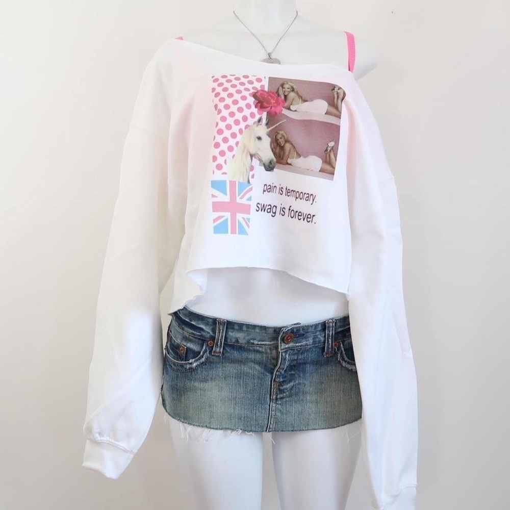 y2k unicorn swag is forever off shoulder cropped sweatshirt‎
